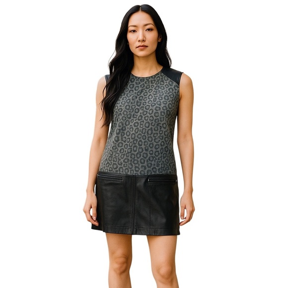 REBECCA TAYLOR Wool/Leather Sleeveless Animal Print Shift Dress - Size 4 - Picture 1 of 15